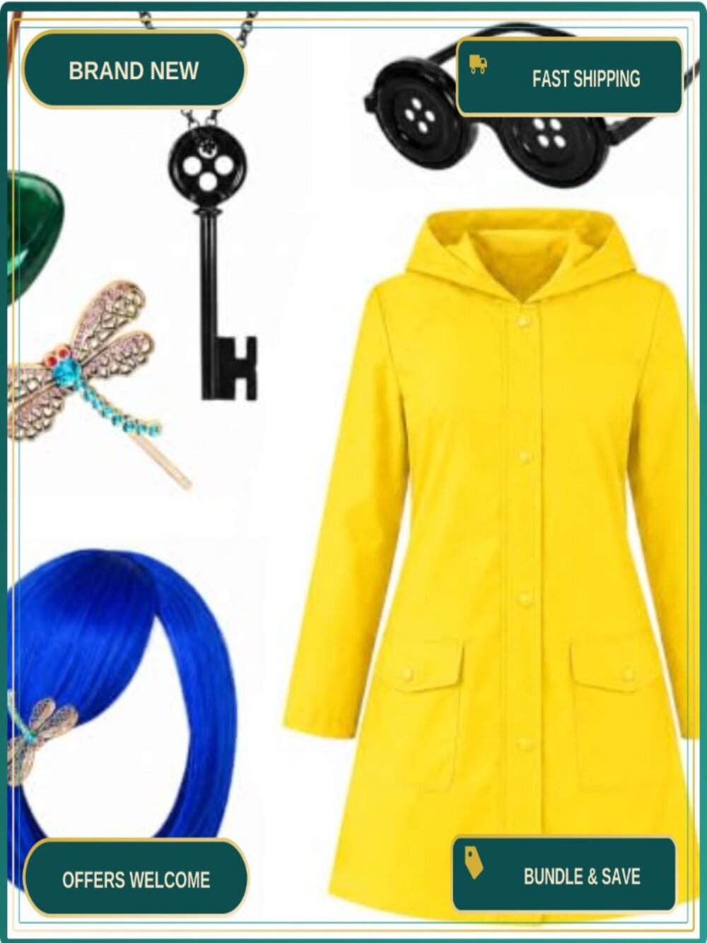 6 Pc Halloween Raincoat Costume Set Women Bob Wig Glasses Necklace Cosplay